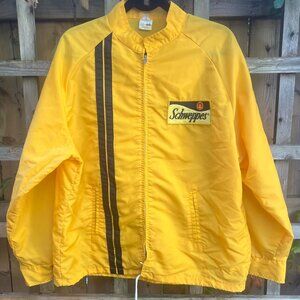 Vintage Schweppes Jacket Black Yellow Logo Bomber Style Size L Retro 80s